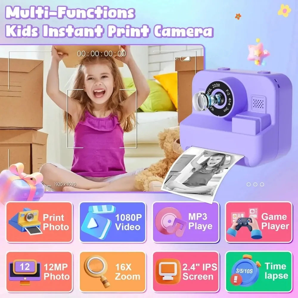 1080P Children Mini Digital Video Camera Educational Thermal Instant Print Camera with 32G Card for Kids Learning Development - Image 4