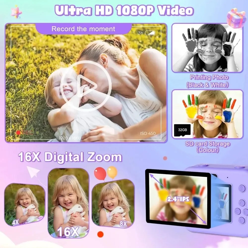 1080P Children Mini Digital Video Camera Educational Thermal Instant Print Camera with 32G Card for Kids Learning Development - Image 5