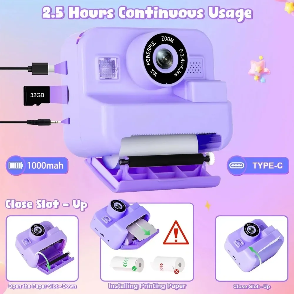 1080P Children Mini Digital Video Camera Educational Thermal Instant Print Camera with 32G Card for Kids Learning Development - Image 2