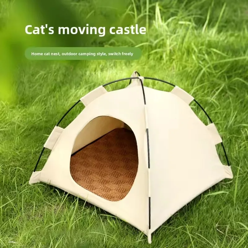 Portable Cat Tent Bed Breathable Oxford Pet House with Double-sided Mat Summer Cooling Cat Cave for Indoor Outdoor Cats Dogs